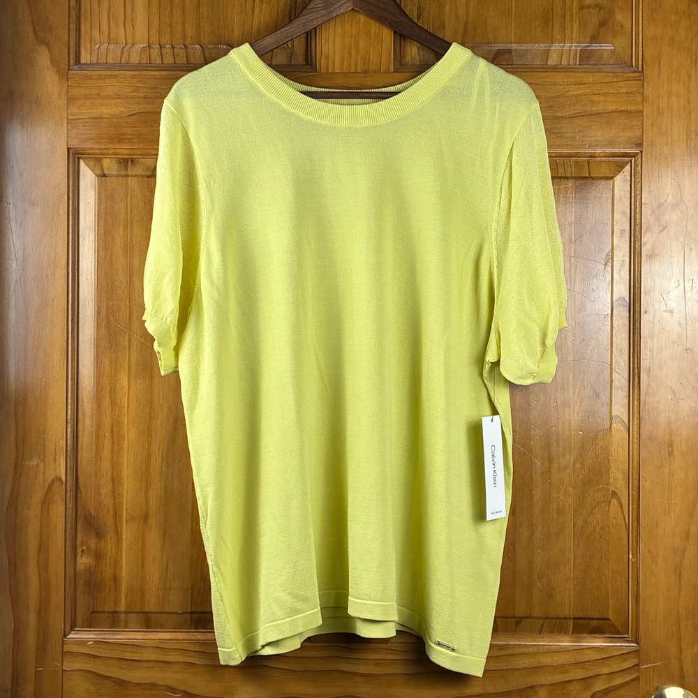 Calvin Klein Women 3X Yellow Short Sleeve Knit Sweater Crew Neck Top NWT